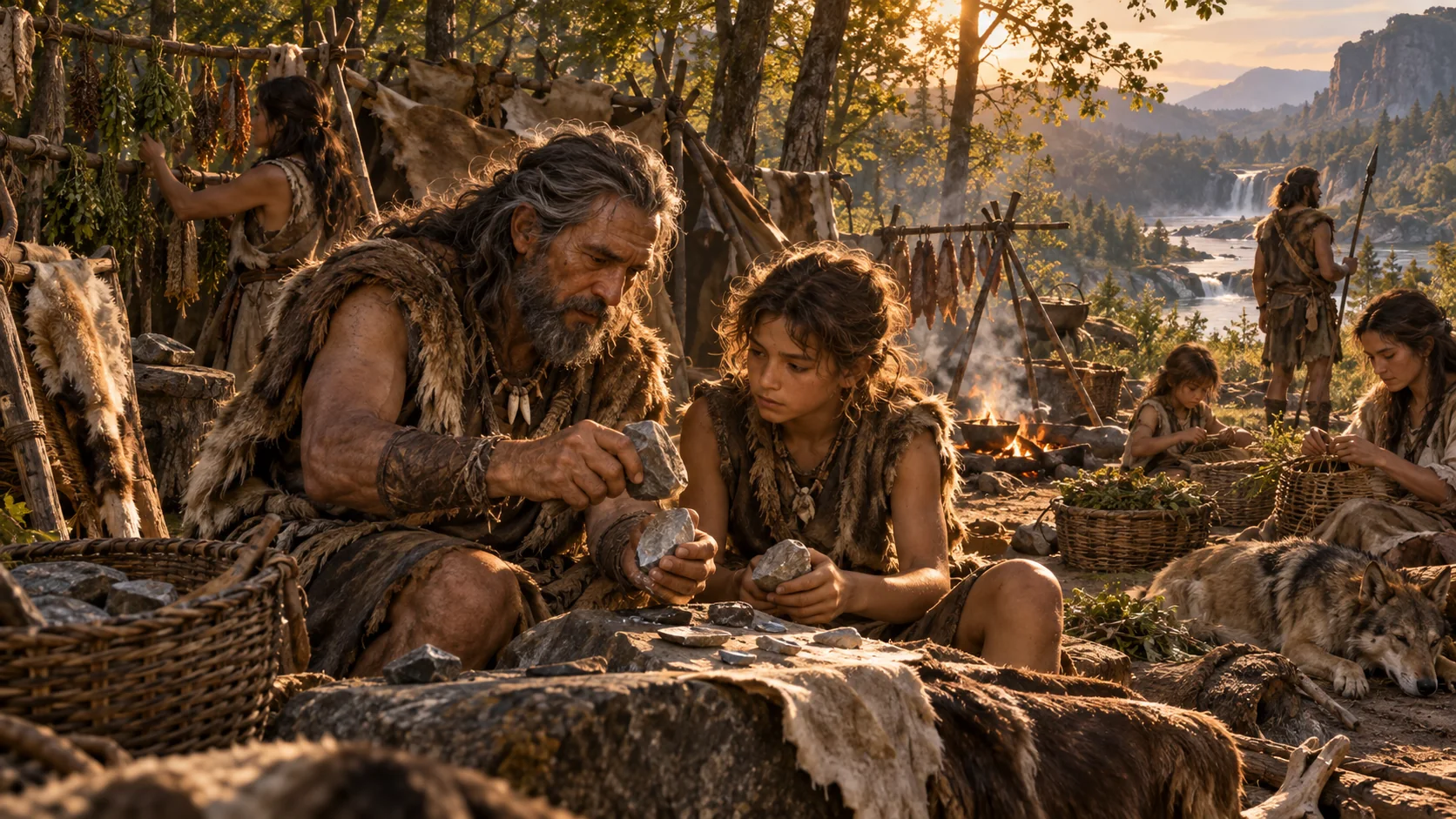 An elder teaches a younger family member to shape a stone tool in a prehistoric camp.