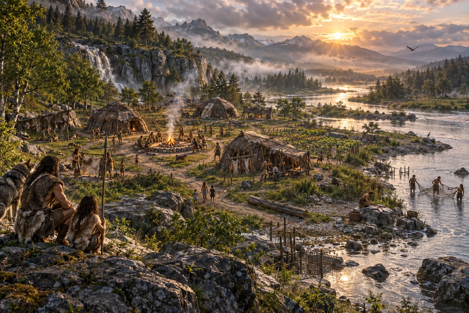 A growing prehistoric settlement beside a river at golden hour.